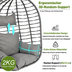 Sekey Hängesessel mit Gestell – Klappbarer Hängekorb aus PE-Rattan, Hängestuhl mit Sitz- & Kopfkissen, bis 150 kg belastbar, für Garten, Balkon, Terrasse & Wohnzimmer