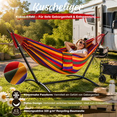 Sekey Hängematte mit Gestell – höhenverstellbare Doppelhängematte bis 200 kg, freistehend mit Stahlrahmen & 2 Tragetaschen für Garten, Balkon, Terrasse & Outdoor