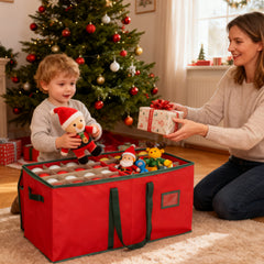 Salcar Rote Aufbewahrungsbox für 128 Weihnachtskugeln – Faltbare Christbaumkugel-Box 64,8×32,3×34,2 cm mit 128 Fächern, Tragegriffen & Doppelreißverschluss