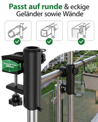 Sekey Sonnenschirmhalter für Balkon – Klemmhalterung für Geländer, platzsparender Schirmständer ohne Bohren, für runde & eckige Geländer (Ø 20–50 mm) & Schirmstöcke 19–38 mm, Schwarz-Metall