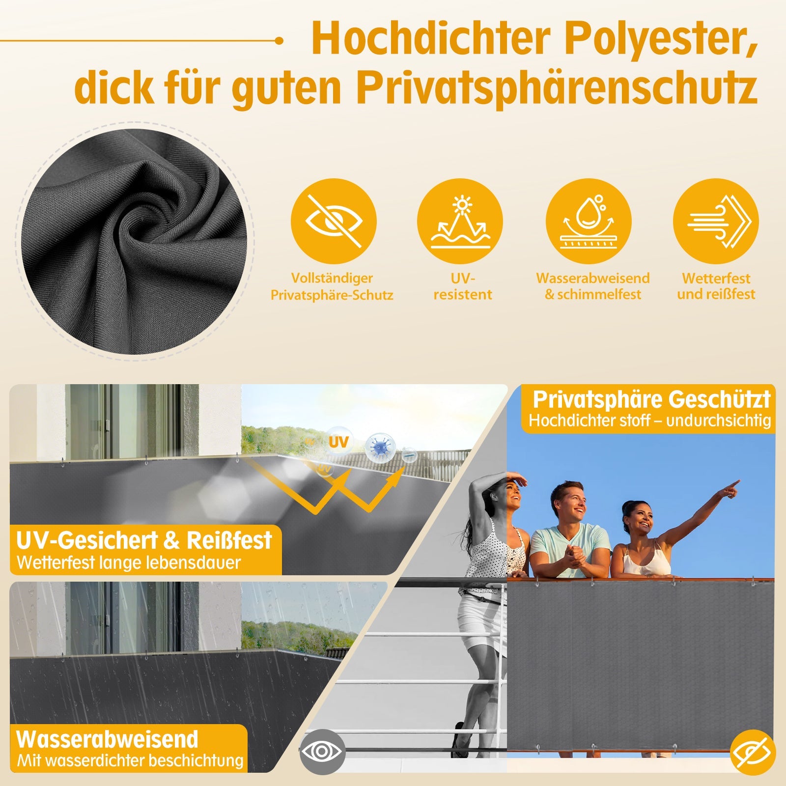 Sunula Balkon Sichtschutz, blickdicht, PES Gewebe, winddicht, ohne Bohren, mit Kabelbindern und Kordel, reißfeste Ösen, wetterfest, anthrazit SEKEYMALL