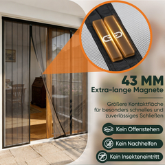 Sekey Insektenschutz Tür Magnet ohne Bohren – Fliegengitter Doppeltür für Balkon- & Terrassentür, 158×206 / 188×206 / 200×240 cm, Mückenschutz für Schiebetür
