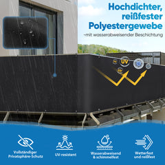 Sekey PES Balkon Sichtschutz blickdicht – Balkonabdeckung mit Wind- & UV-Schutz, schwarz, 160 g/m² PES, mit Ösen, Kordel & Kabelbindern