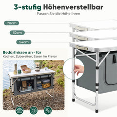Sekey Campingtisch faltbar 120 cm, höhenverstellbarer Campingtisch mit 2 Staufächern, Outdoor Campingküche mit Aluminiumgestell, 54–70 cm, inkl. Tragetasche