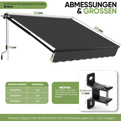 Sekey Gelenkarmmarkise 250x200 cm mit Handkurbel – 0–53° stufenlos neigbar, Doppel-Stahlseilzug, 280g/m² wasserdichtes Polyester, UV50+ Sonnenschutz für Balkon, Terrasse & Garten