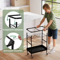 Sekey Servierwagen mit Rollen – Barwagen & Küchenwagen mit MDF-Platte, Weinglashalter, Haken & Schubladenkorb, 360°-Rollen, Griff, rostfest – Schwarz
