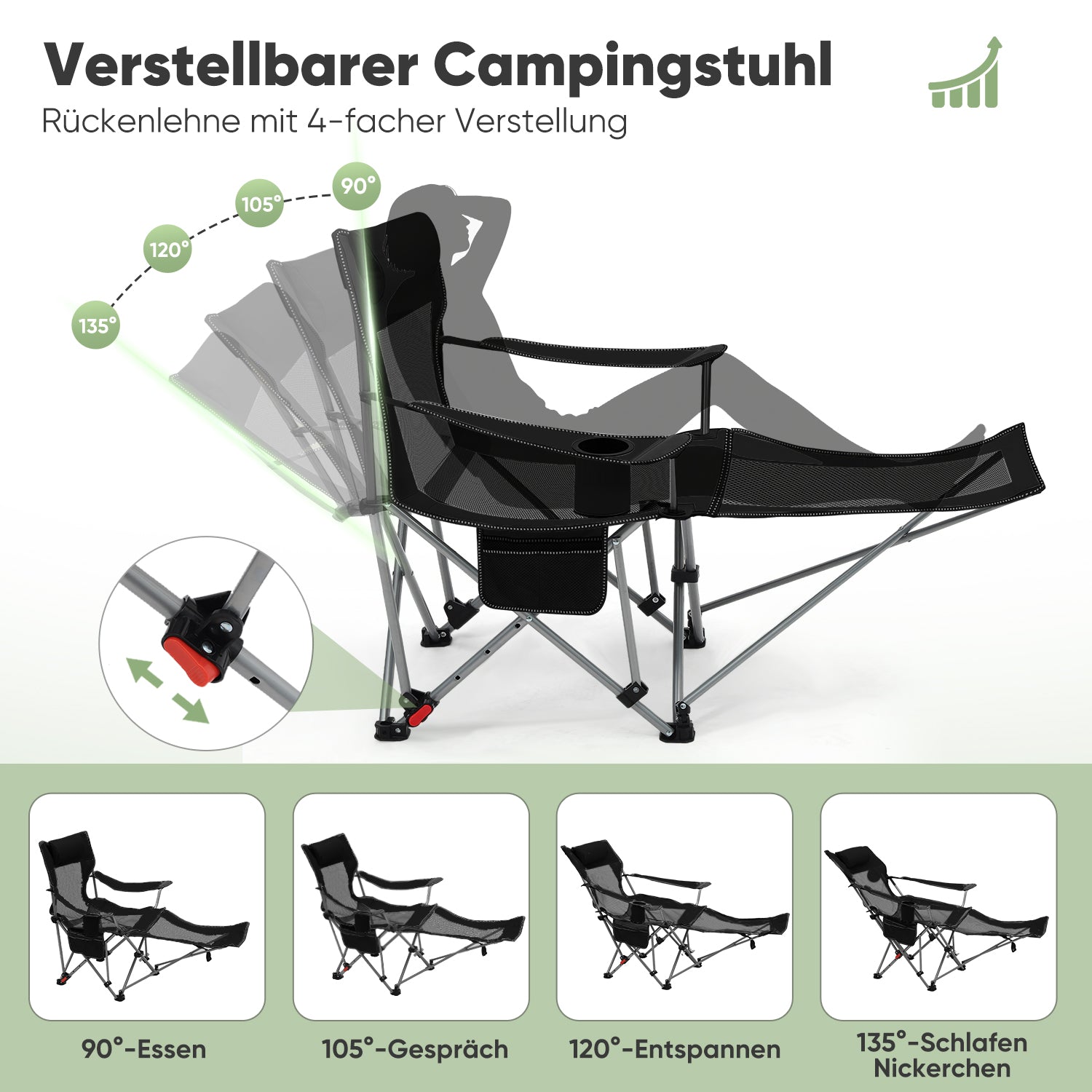 Sunula Klappbarer Campingstuhl, Liegestuhl 2-in-1, Belastbar bis 100 kg, Abnehmbare Fußablage, Getränkehalter, Tragetasche, Leicht, Verstellbare Rückenlehne, Für Angeln, Strand, Camping, Garten, Outdoor Sekey