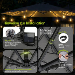 Sekey Sonnenschirm Beleuchtung Solar LED Lichterkette – 136 LEDs & 8 Glühbirnen, Fernbedienung, 8 Leuchtmodi, dimmbar, mit Timer, Garten & Terrasse Deko für Ampelschirm & Sonnenschirm