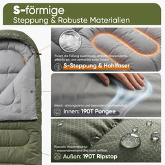 Sekey 3-Jahreszeiten Schlafsack 220×80 cm – 2-in-1 Deckenschlafsack (10–20 °C), 1,45 kg Leicht, mit Fußbelüftung & Anti-Klemm-Reißverschluss, für Camping & Outdoor – Anthrazit / Grün