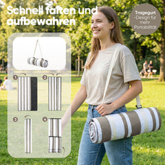 Sekey Picknickdecke Wasserdicht – Sandfreie Stranddecke mit klassischem Streifenmuster in Braun-Weiß, In Beige/Weiß gestreift, PEVA-Unterseite & Tragegurt für Picknick, Camping und Strand