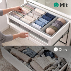 Sekey Schubladen Organizer 2er Set – Faltbare Aufbewahrungsboxen aus Vliesstoff für Kleidung, Unterwäsche & Accessoires, 22 x 51 x 11 cm, Hellgrau Leinenoptik