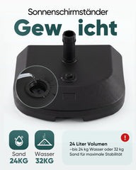 Sekey Halbrunder Sonnenschirmständer befüllbar – 32–38 mm, Kunststoff, bis 32 kg (Sand) / 24 L (Wasser), Schwarz