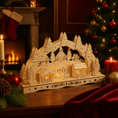 Salcar LED Schwibbogen aus Holz, 3D Weihnachtsdeko mit Fachwerkhäusern, Turm & Tannen, 10 warmweiße LEDs, batteriebetriebener Lichterbogen für Fensterbank & Sideboard