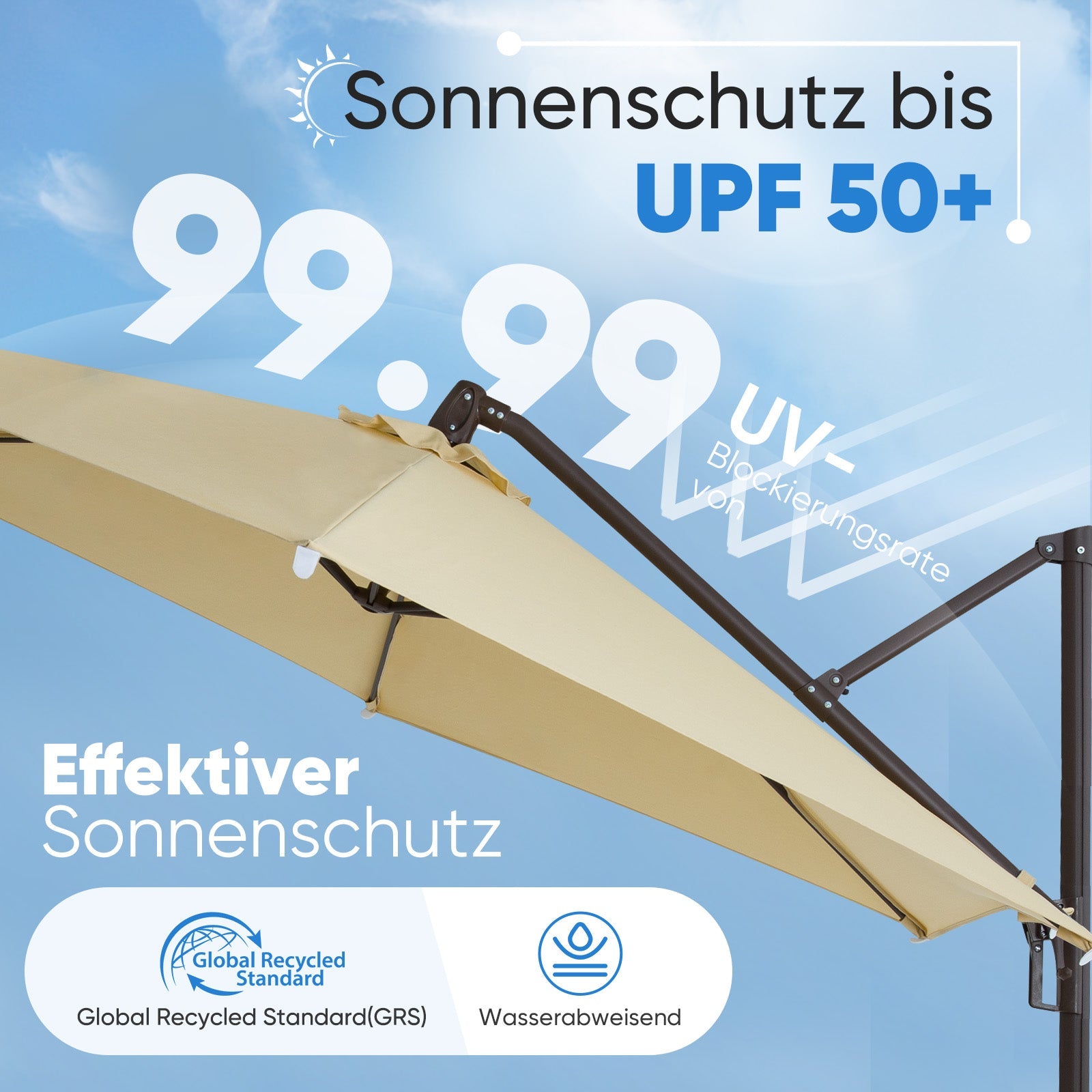 Sekey Ampelschirm 300 cm Aluminium Sonnenschirm mit 360° Drehung, Neigefunktion, UV50+ Schutz Sekey