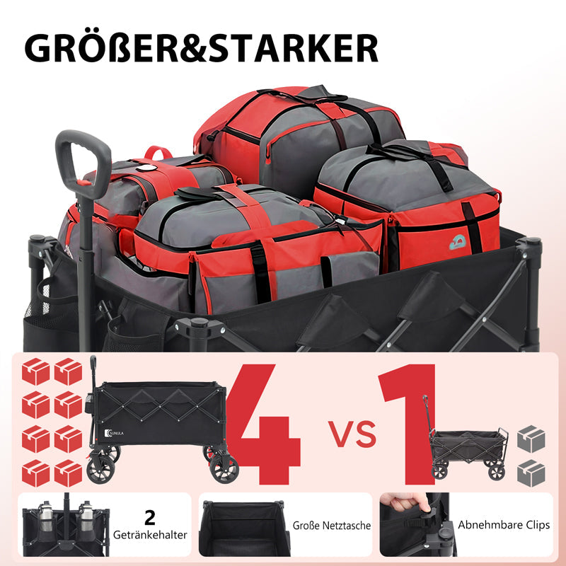 Sunula Faltbarer Bollerwagen 3026 mit Allwetterrädern, 300 L Volumen, 149 kg Tragkraft – Robuster Transportwagen für Strand, Camping, Garten & Einkauf SEKEYMALL