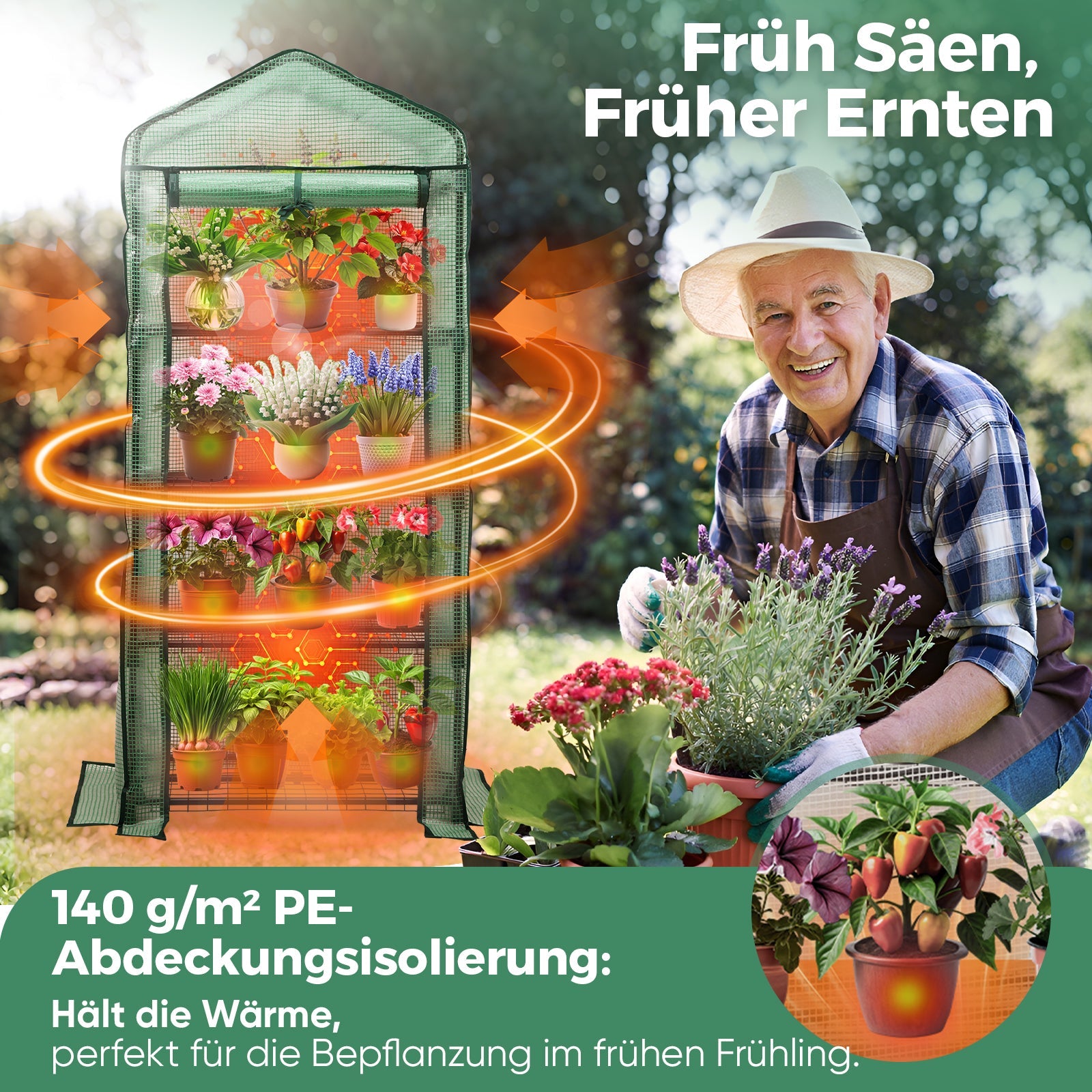 Sekey Mini-Gewächshaus für Tomaten mit 4 Ebenen Kompaktes Foliengewächshaus für Balkon & Garten, Stabil & Platzsparend (160×70×50 cm) Sekey
