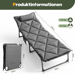 Sekey Campingliege klappbar mit Matratze & Kopfkissen, 6-fach verstellbare Rückenlehne, Feldbett bis 150 kg, Gartenliege, Sonnenliege & Gästebett 190 × 68 cm