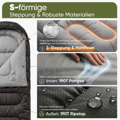 Sekey 3-Jahreszeiten Schlafsack 220×80 cm – 2-in-1 Deckenschlafsack (10–20 °C), 1,45 kg Leicht, mit Fußbelüftung & Anti-Klemm-Reißverschluss, für Camping & Outdoor – Anthrazit / Grün