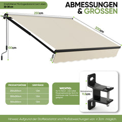 Sekey Gelenkarmmarkise 300x250 cm Beige mit Handkurbel – 0–53° stufenlos neigbar, Doppel-Stahlseilzug, 280g/m² wasserdichtes Polyester, UV50+ Sonnenschutz für Balkon, Terrasse & Garten