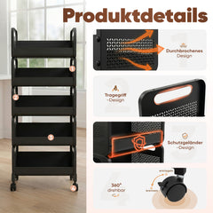 SekeyRollwagen schwarz 25 cm breit, Küchenwagen mit 4 oder 5 Ebenen, Servierwagen mit Rollen, Metall Aufbewahrungsregal, flexibel einstellbar, 360° Rollen mit Bremse