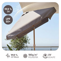 Sekey Sonnenschirm Balkon 200x125 cm rechteckig in Holzoptik – höhenverstellbar, neigbar mit Aluminium-Drehgelenk, UV50+ Polyester, Push-Up-System für Balkon, Terrasse & Garten