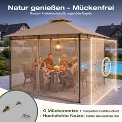 Sekey Garten Pavillon 3x3 m, Gartenzelt mit Moskitonetz, Atmungsaktives Doppeldach 160g/㎡ Polyester