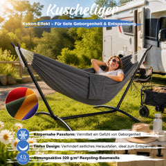 Sekey Hängematte mit Gestell – Höhenverstellbare Doppelhängematte bis 200 kg, freistehend mit Stahlrahmen & 2 Tragetaschen für Garten, Balkon, Terrasse, Camping & Indoor