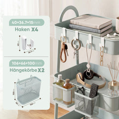 Sekey Rollwagen Küche 30 cm – Schmaler Servierwagen aus Metall mit Rollen, 3 Ablagen, 2 Metallkörben & 4 Haken