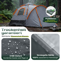 Sekey 2-Personen Campingzelt mit Hydraulik Pop-up System – Wurfzelt 2-in-1, wasserdicht PU3000+, UV50+ Schutz, Kuppelzelt mit Vorzelt & Markise für Outdoor & Familie, Grau