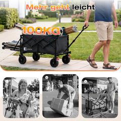 Sunula Bollerwagen faltbar mit klappbarer Heckklappe – 80 L + 35 L Handwagen mit erweiterbarer Ladefläche, 100 kg belastbar, leichter Faltbollerwagen mit Bremsen & 360°-Rädern