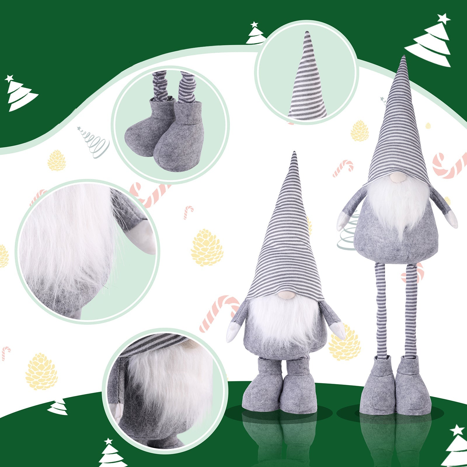 Salcar Weihnachtsdeko Wichtel XL – Großer Deko-Gnom aus Filz, höhenverstellbar von 60–92 cm, Teleskopbeine, perfektes Geschenk zu Weihnachten & Thanksgiving – Grau Salcar