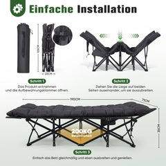 Sekey Feldbett Campingbett Klappbar 190 × 71 × 35 cm – Campingliege mit 7 cm Matratze, Klappbett bis 200 kg, Angelliege aus 1200D Oxford-Gewebe, Schwarz
