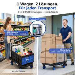 Sekey klappbarer Transportwagen 2-in-1 mit Einkaufskorb – Plattformwagen bis 137 kg, 360° Lenkrollen, 3-fach höhenverstellbarer Griff für Garten, Einkauf & Umzug