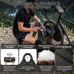 Sekey Mumienschlafsack Erwachsene – Ultraleichter Sommerschlafsack 0,9 kg / 1,7 kg, wasserabweisend & atmungsaktiv, mit Anti-Klemm-Reißverschluss, 220 × 80 × 50 cm, für Camping, Trekking & Reisen – Anthrazit / Grün