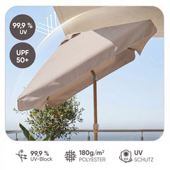 Sekey Sonnenschirm Balkon 200x125 cm rechteckig in Holzoptik – höhenverstellbar, neigbar mit Aluminium-Drehgelenk, UV50+ Polyester, Push-Up-System für Balkon, Terrasse & Garten