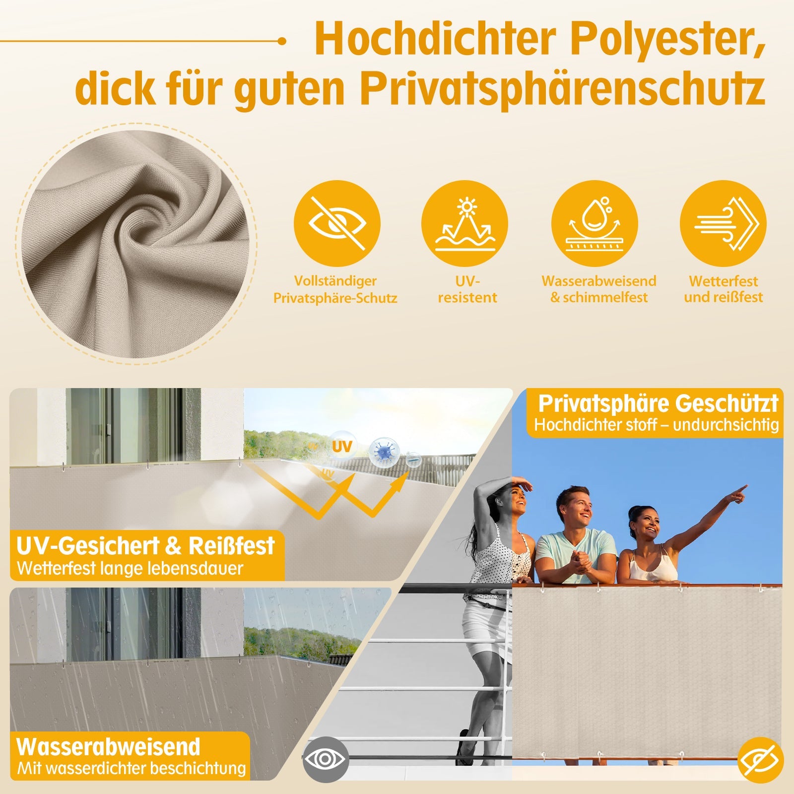 Sunula Balkon Sichtschutz, blickdicht, PES Balkonverkleidung, Windschutz, ohne Bohren, mit Nylon-Kabelbinder und Kordel, patentierte reißfeste Ösen, wetterfest, taupe SEKEYMALL