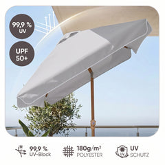 Sekey Sonnenschirm Balkon 200x125 cm rechteckig in Holzoptik – höhenverstellbar, neigbar mit Aluminium-Drehgelenk, UV50+ Polyester, Push-Up-System für Balkon, Terrasse & Garten