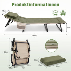 Sekey Faltbett klappbar mit Matratze & Kissen 193x70 cm – verstellbares Campingbett mit 6-fach Rückenlehne, bis 150 kg belastbar, Gästebett für Camping, Garten & Zuhause