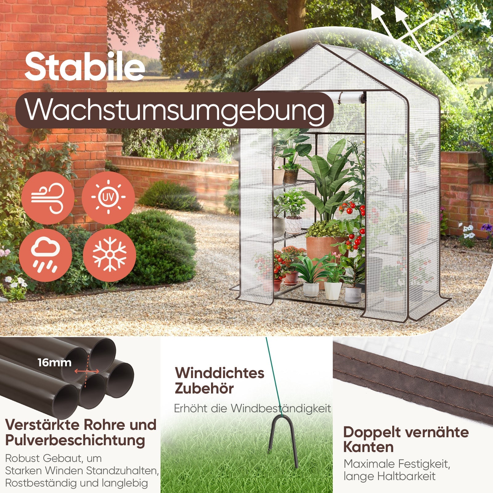 Sekey XL Foliengewächshaus 200×145×75 cm Stabiles Balkon-Gewächshaus mit 4 Regalböden für gesundes Pflanzenwachstum Sekey