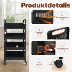 SekeyRollwagen schwarz 25 cm breit, Küchenwagen mit 4 oder 5 Ebenen, Servierwagen mit Rollen, Metall Aufbewahrungsregal, flexibel einstellbar, 360° Rollen mit Bremse