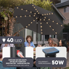 Sekey Solar-LED Sonnenschirm 300cm mit 40 LED, UV 50+, Alu-Sonnenschirm mit Kurbel Sekey