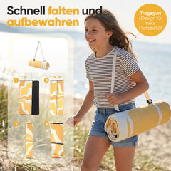 Sekey Picknickdecke Wasserdicht – Sandfreie Stranddecke mit Sonnen-Motiv, Sonnenmuster, PEVA-Unterseite & Tragegurt für Picknick, Camping und Strand