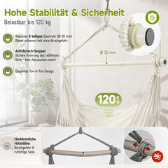 Sekey Hängesessel mit 2 Kissen & Seitentasche – Boho Hängestuhl in Creme für Balkon, Garten & Wohnbereich