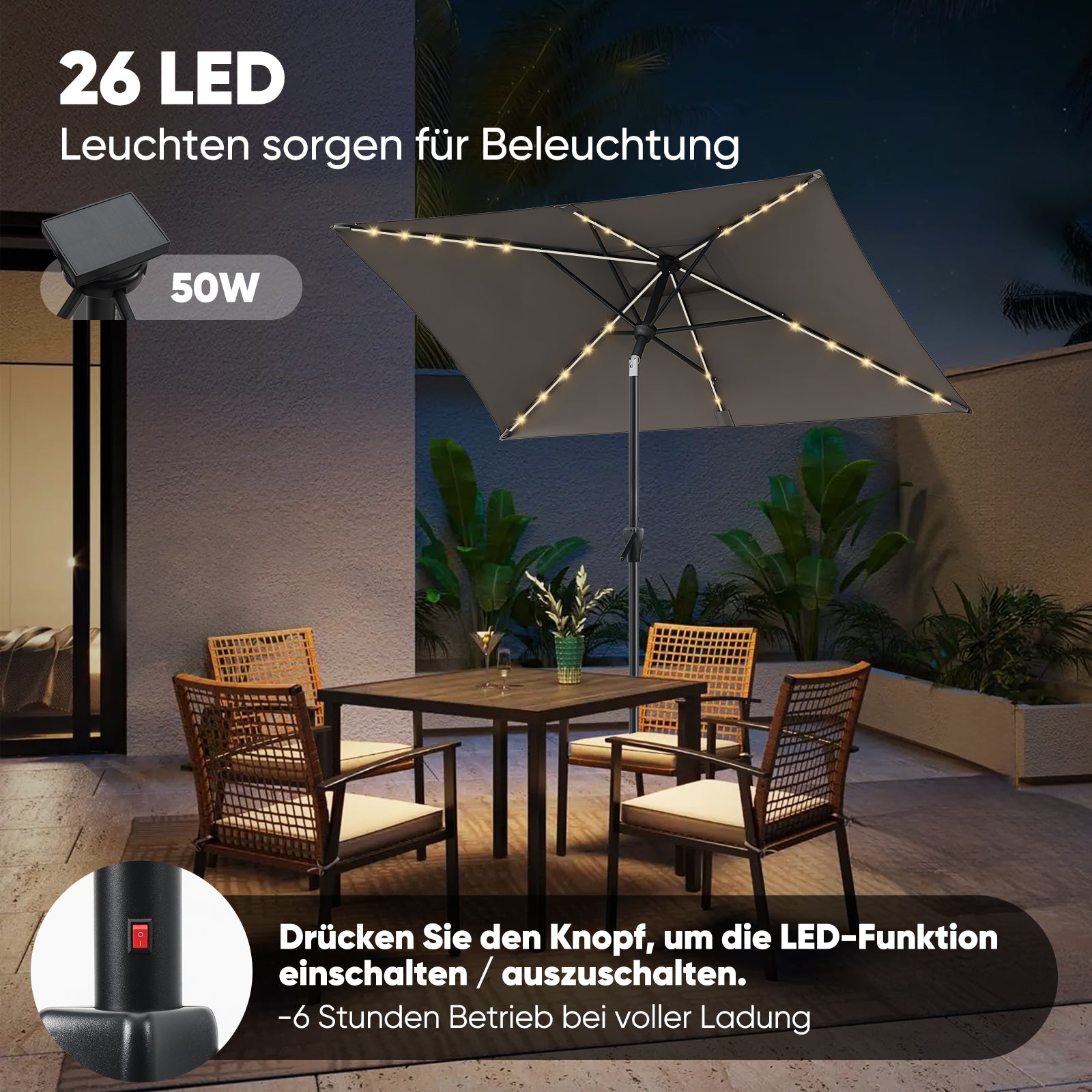 Sekey Sonnenschirm 300 x 200 cm Rechteckig Gartenschirm mit LED-Solar-Beleuchtung Sekey