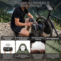 Sekey Mumienschlafsack Erwachsene – Ultraleichter Sommerschlafsack 0,9 kg / 1,7 kg, wasserabweisend & atmungsaktiv, mit Anti-Klemm-Reißverschluss, 220 × 80 × 50 cm, für Camping, Trekking & Reisen – Anthrazit / Grün