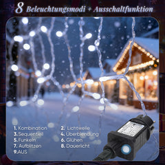 SALCAR LED Icicle Window Light Curtain – Cool White, 8 Modes, Timer &amp; Memory, IP44 Waterproof – For Indoor &amp; Outdoor Use, Christmas Lights for Windows, Balconies &amp; Walls (2m/3m/6m)