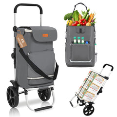 Sekey Faltbarer Einkaufstrolley 3-in-1 Leichter Aluminium-Trolley 60 kg Tragkraft, Höhenverstellbarer Griff, Automatische Faltfunktion, Inklusive Kühlfach & Getränkefach, Ideal für Einkäufe & Camping
