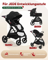 Sekey BW600 3-in-1 Kombi-Kinderwagen Reisesystem mit Babyschale, Liegewanne & Buggy, Moskitonetz, Regenschutz, Federung, 5-Punkt-Gurt, All-Wetter Travel System 0 Jahre