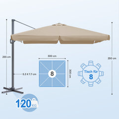 Sekey 300 cm x 300 cm cantilever parasol, sun protection UV50+