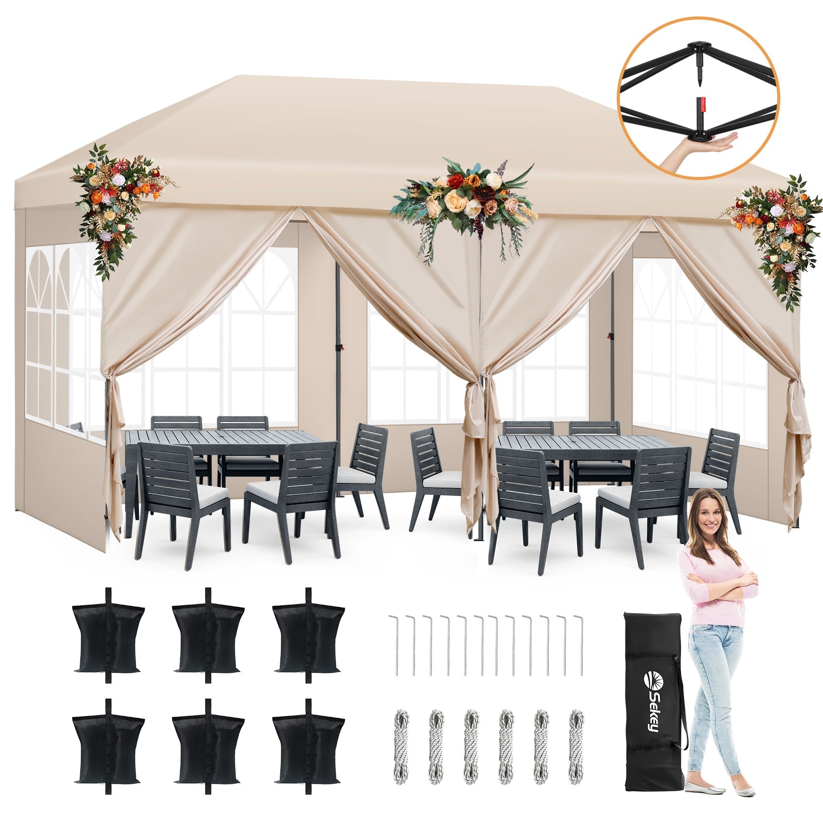 Sekey Faltpavillon 3x6m mit 6 Seitenteilen, One-Touch-System, UV50+ & wasserdicht, Höhenverstellbar (250–270cm), inkl. Sandsäcke & Tragetasche Sekey